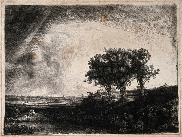A storm over a Dutch landscape. Etching after Rembrandt van Rijn.
