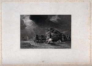 view A thunderstorm, with rain beating down on travellers in a mountain pass. Engraving by H. C. Shenton after L. Clennell.