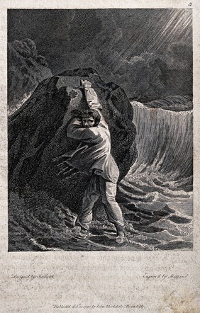 A man clinging to a rock on the shore during a storm. Engraving by T. Medland, 1790, after T. Stothard.