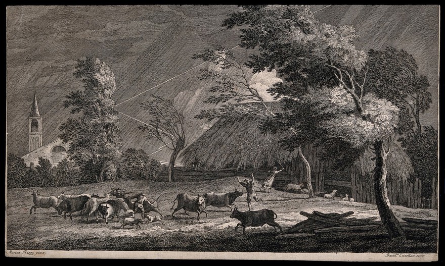 A thunder storm approaching a farm, the workers moving the animals into shelter. Engraving by B. Crivellari after M. Ricci.