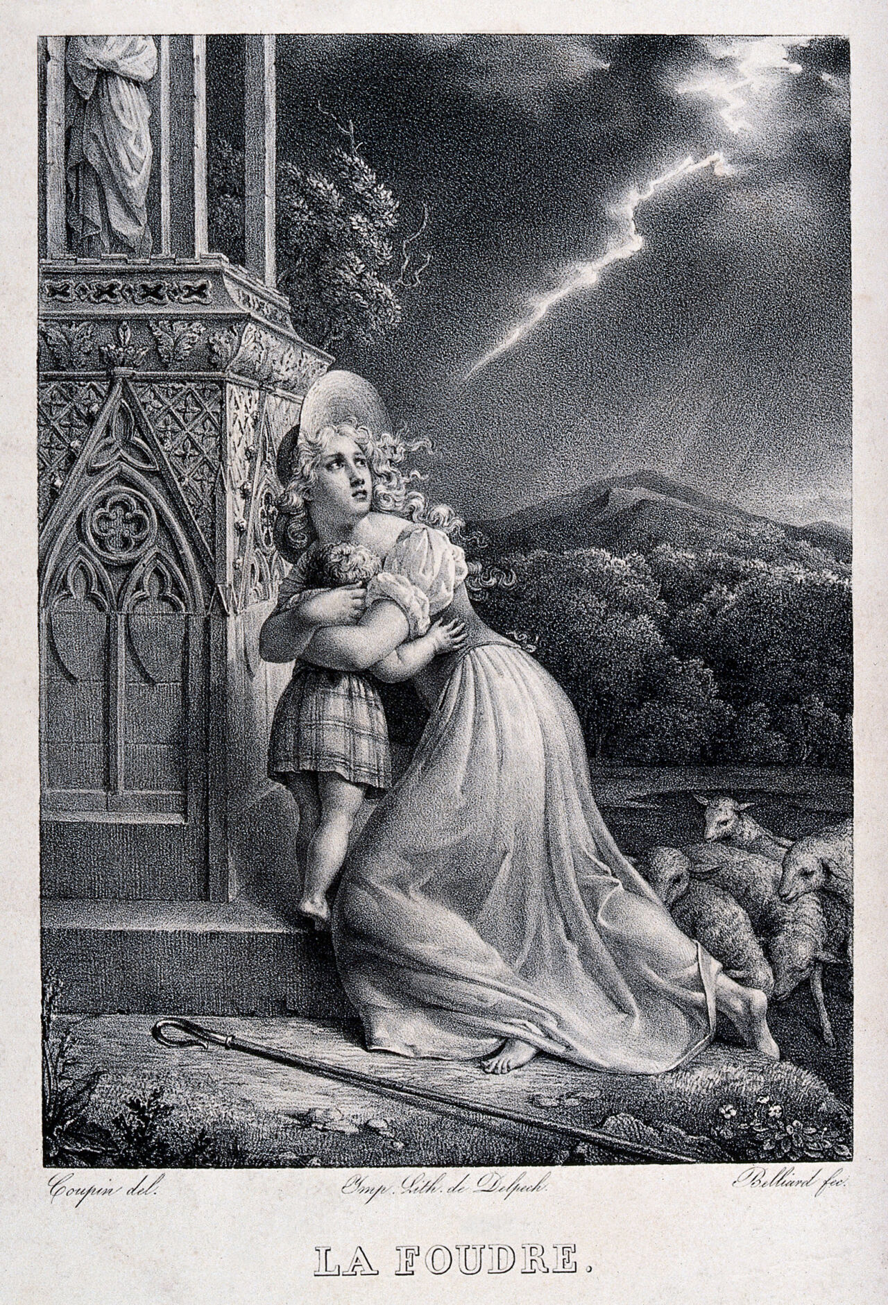 A young barefoot shepherdess and a little girl take refuge near a shrine during a storm. Lithograph by Z. Belliard after M.-Ph. Coupin de La Couperie., 1800-1899, by Marie-Philippe Coupin de La Couperie