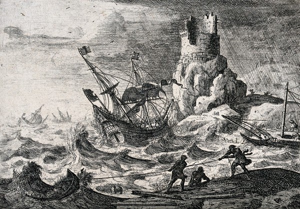 A storm at sea, with a sailing ship being wrecked on rocks. Etching by Claude Lorrain, ca. 1635-1640.