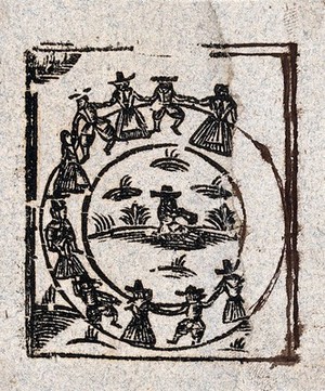 view A circle of witches dance around a central figure. Woodcut, ca. 1700-1720.