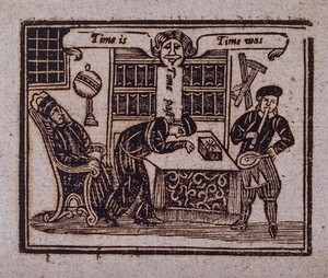 view A man sleeps between Roger Bacon (?) and a musician: a brass head proclaims time present and the past. Woodcut, ca. 1700-1720.