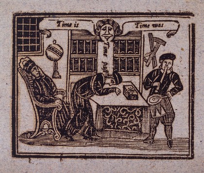A man sleeps between Roger Bacon (?) and a musician: a brass head proclaims time present and the past. Woodcut, ca. 1700-1720.