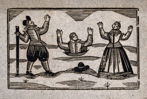 view A man buried up to his waist holds his hands up above his head: a man and a woman stand on either side watching him in distress. Woodcut, 17--.