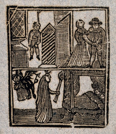 Double picture: a person hanging from the gallows; a witch burning a sleeping couple while a demon figure carries off a child. Woodcut, 1790.