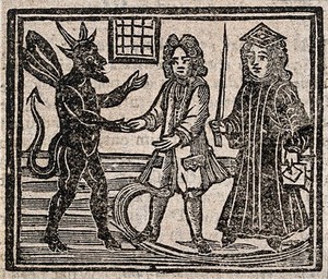 view Witchcraft: the devil talking to a gentleman and a judge (?) in a circle. Woodcut, 1720.