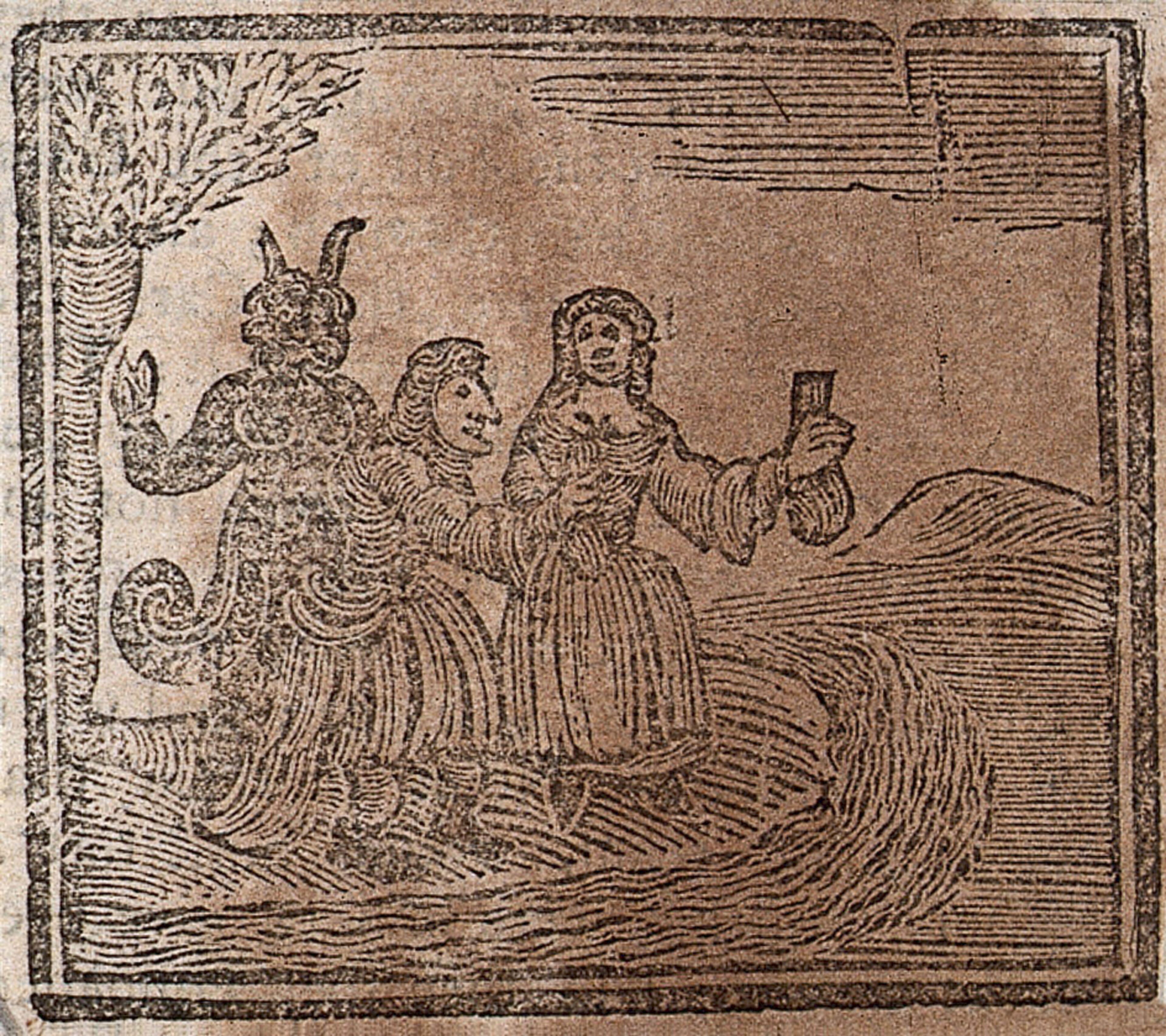 Witchcraft: a witch and a devil in a circle. Woodcut, 1720.