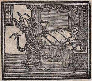 view Witchcraft: the devil bringing medicine to a man or woman in bed (?). Woodcut, 1720.