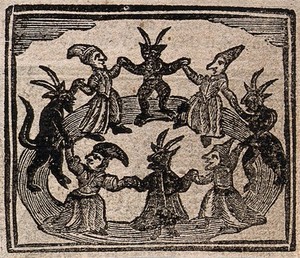 view Witchcraft: witches and devils dancing in a circle. Woodcut, 1720.