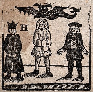 view Witchcraft: Robert Hunt, with two other men, surmounted by a devil. Woodcut, 1720.