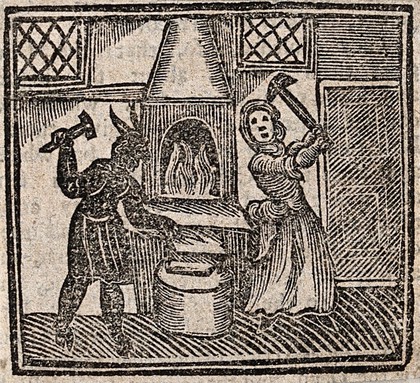 Witchcraft: a witch and a devil making a nail with which to make a boy lame. Woodcut, 1720.