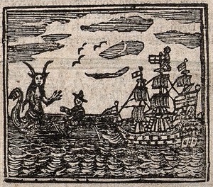 Witchcraft: a ship being confronted by a sea-devil (?). Woodcut