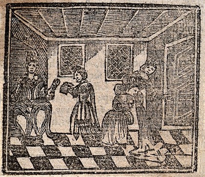 Witchcraft: a bewitched woman vomiting. Woodcut, 1720.