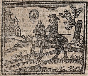 view Witchcraft: a man on horseback. Woodcut, 1720.