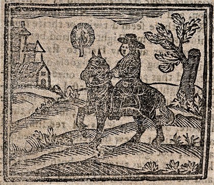 Witchcraft: a man on horseback. Woodcut, 1720.