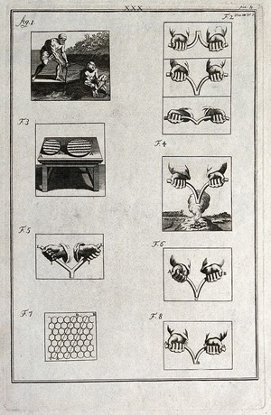 view A torture victim; and divination techniques. Engraving.