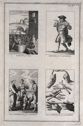 Four scenes all involving water: trial by water, people using divination rods, and different types of rods. Engraving.