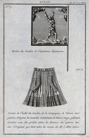 view The reverse side of a flag and dress coat which it is claimed belongs to the Dijon infantry. Engraving by P. Yver, 1743.