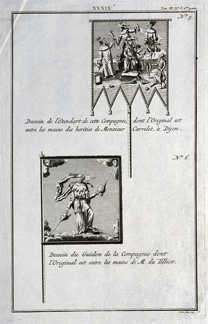 view Two designs for flags possibly for a theatrical company. Engraving by P. Yver, 1743.