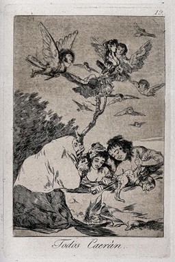 Two young women pluck a bird which has a man's head, while an old woman prays. Etching by F. Goya, 1796/98.