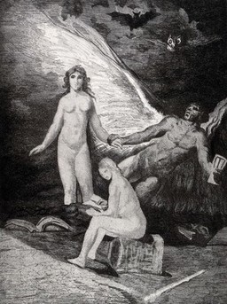 A winged man grabbing a young naked woman by the hand while another sits reading a book surrounded by owls and bats. Etching by J.M. Martínez Espinosa after F. Goya.