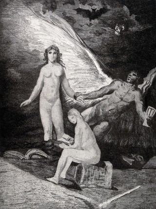 A winged man grabbing a young naked woman by the hand while another sits reading a book surrounded by owls and bats. Etching by J.M. Martínez Espinosa after F. Goya.