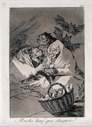 Three old hags surround a basket of new-born babies with bats in the distance. Etching by F. Goya, 1796/98.