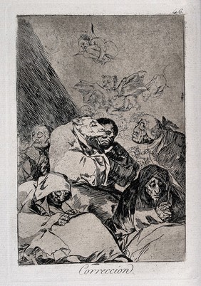 Human figures, some with animal heads, praying. Etching by F. Goya, 1796/1798.