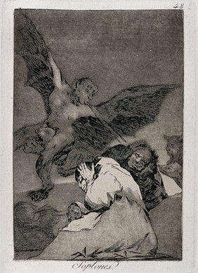 A winged devil figure riding on a cat awakening some monks by blowing on them. Etching by F. Goya, 1796/1798.