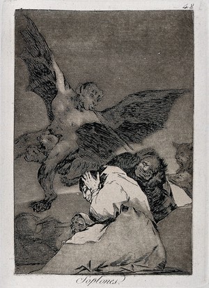 view A winged devil figure riding on a cat awakening some monks by blowing on them. Etching by F. Goya, 1796/1798.