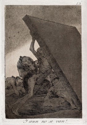 Two withered wretches trying to hold up a slab of stone. Etching by F. Goya, 1796/1798.