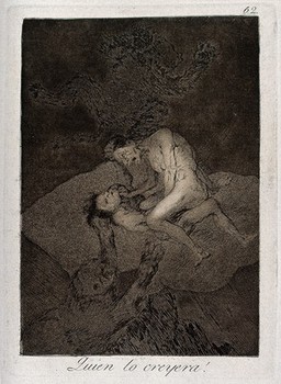 Two wretches fighting in mid-air being grabbed by monsters. Etching by F. Goya, 1796/1798.