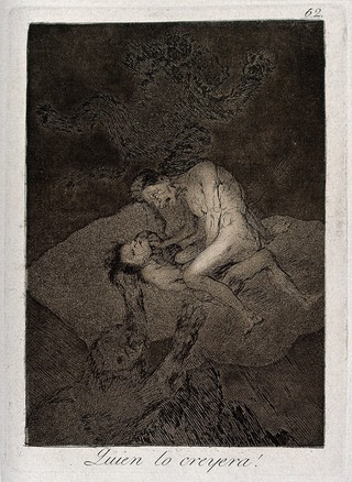 Two wretches fighting in mid-air being grabbed by monsters. Etching by F. Goya, 1796/1798.