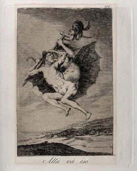 A winged couple holding a crutch, accompanied by a cat and snake. Etching by F. Goya, 1796/1798.