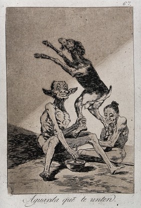 A naked witch watching a seated monster grabbing a jumping goat by its hind leg. Etching by F. Goya, 1796/1798.