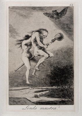 Two naked witches riding on a broomstick accompanied by an owl. Etching by F. Goya, 1796/1798.
