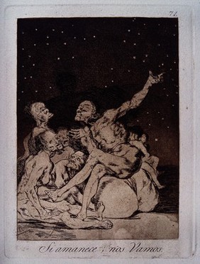 Arrival of dawn and the break-up of a witches' gathering. Etching by F. Goya, 1796/1798.