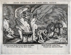 view Medea draining the blood of Aeson in order to rejuvenate him with her special brew. Engraving.