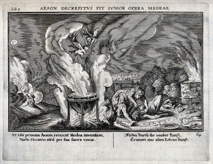 Medea draining the blood of Aeson in order to rejuvenate him with her special brew. Engraving.