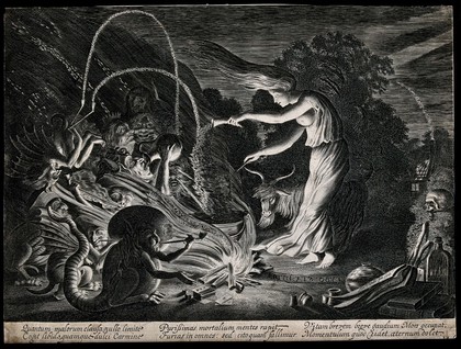 A witch at her cauldron surrounded by monsters. Etching by Jan van de Velde II, 1626.