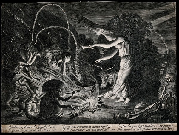 A witch at her cauldron surrounded by monsters. Etching by Jan van de Velde II, 1626.