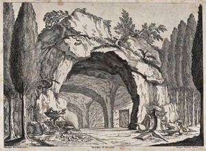 view A grotto containing a magic circle, books and mythical creatures. Etching by J. Vezzani, 1728, after G. Rocchetti after P. Righini.