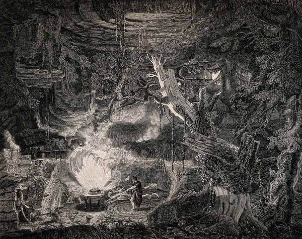 A wizard casting spells from his magic circle by the light of his cauldron surrounded by creatures. Engraving by J. Wood, 1763, after J. Collins..