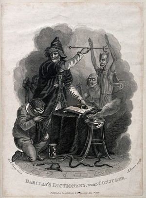 view A conjurer casting spells with his wand and fire surrounded by a kneeling man and demons within the magic circle. Engraving by J. Brown after W.M. Craig, 1813.