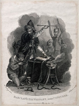 A conjurer casting spells with his wand and fire surrounded by a kneeling man and demons within the magic circle. Engraving by J. Brown after W.M. Craig, 1813.
