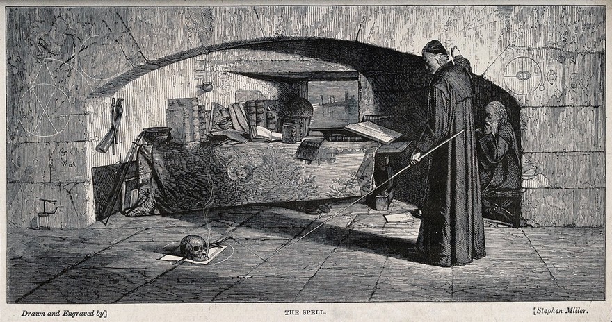 A wizard performing spells in his den. Wood engraving by S. Millar after himself.