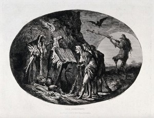 view Witches meeting and performing spell. Etching by J.A.A. Pastelot.