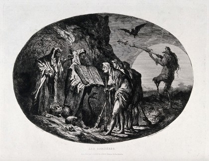 Witches meeting and performing spell. Etching by J.A.A. Pastelot.